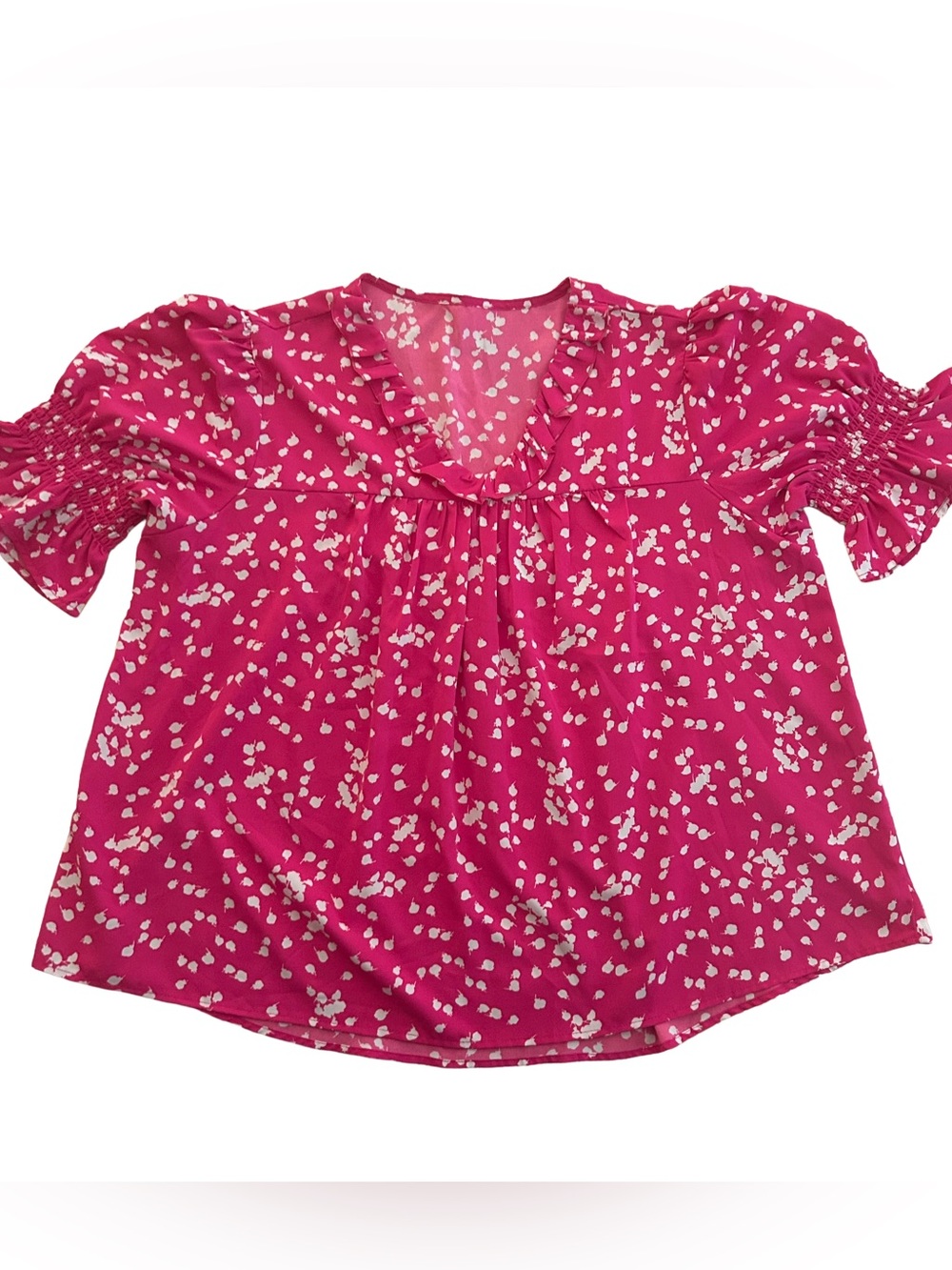 Women’s Fuchsia Dot Print Ruffle Sleeve Blouse